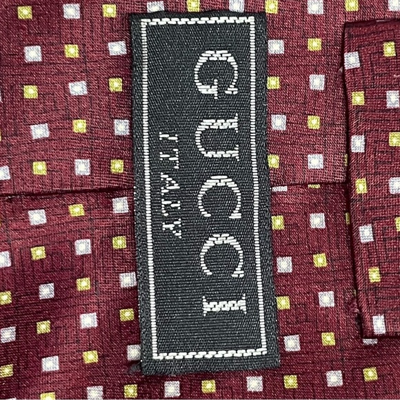 Gucci Designer Vintage Necktie Maroon Gray Squares G Logo 100% Silk - Picture 7 of 10